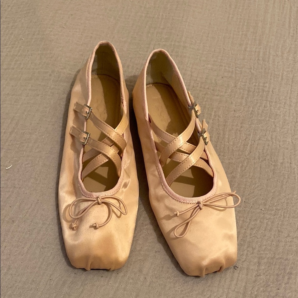 Women's Satin Ballet Flats with Crisscross Straps - Blush - Picture 2 of 5